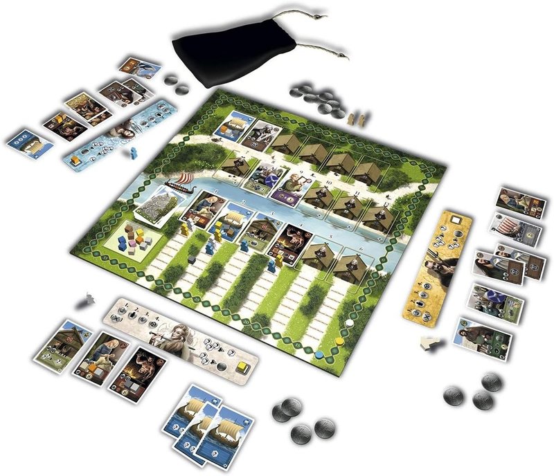 Jorvik: vikingos en el mercado, cartas que se subastan en orden de turno con puja ascendente y el worker placement de Stefan Feld donde cada posición en la fila decide cuánto pagas y cuándo actúas