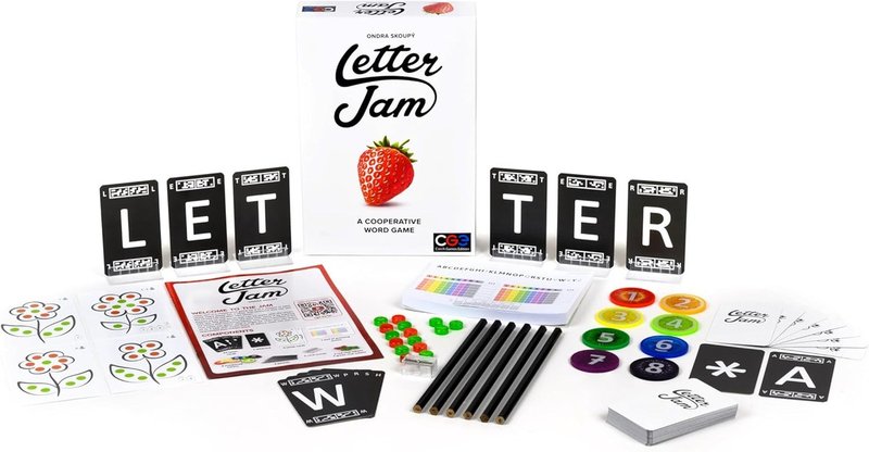 Letter Jam: cada jugador ve las letras de todos menos la suya, las pistas son palabras que usan esas letras y el cooperativo de palabras donde ayudar a uno puede confundir a tres